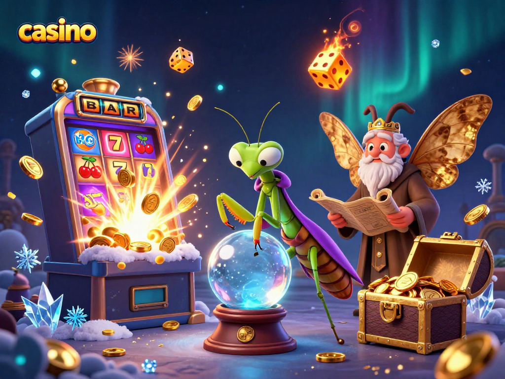 Engaging casino illustration showcasing a fortune teller, moth librarian, and dynamic gaming elements.