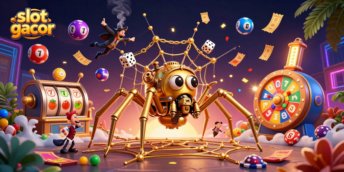 Experience the thrill of slot gacor as a golden spider weaves its web among vibrant casino elements.