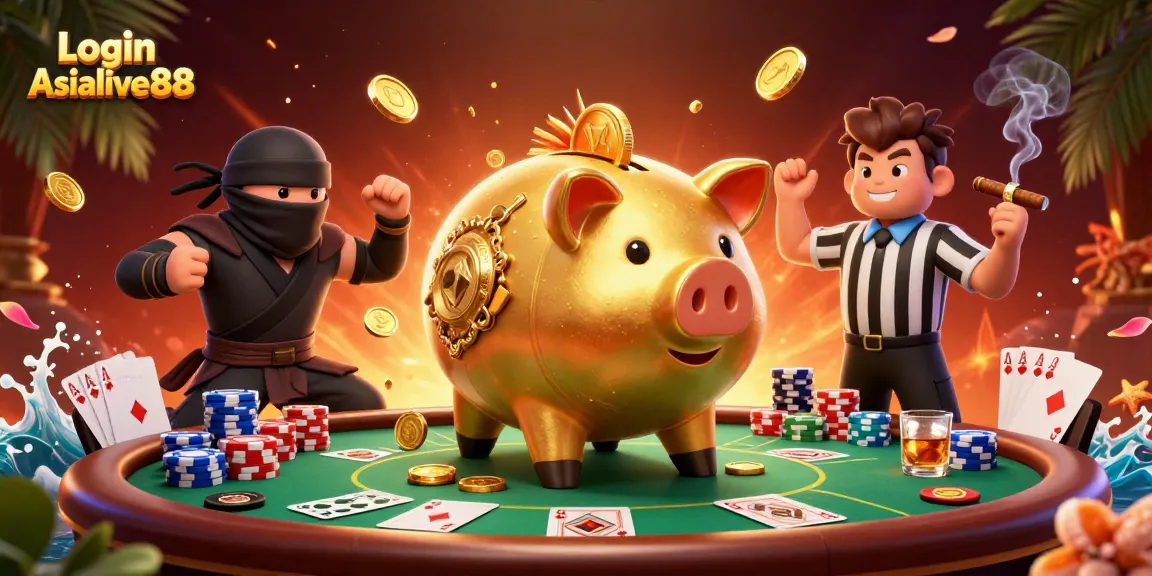 Engaging scene showcasing Login Asialive88 with a piggy bank sumo wrestler amidst colossal poker chips and cards.