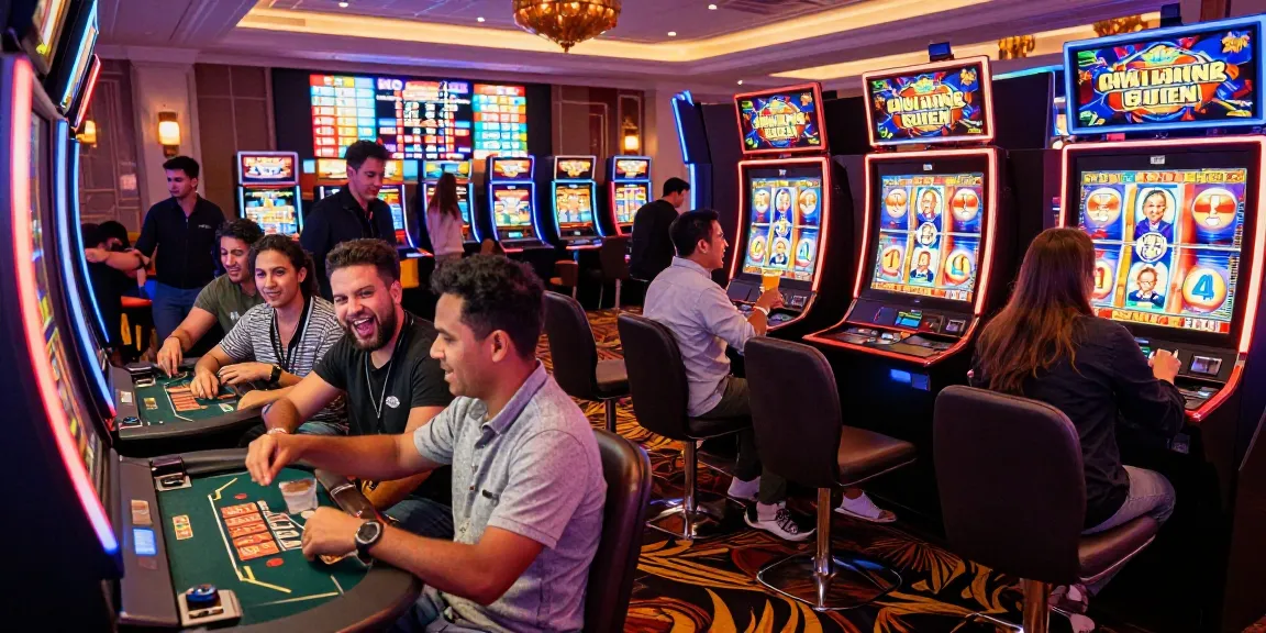 Group celebrating at slot machine highlighting bandar slot excitement in lively casino atmosphere.