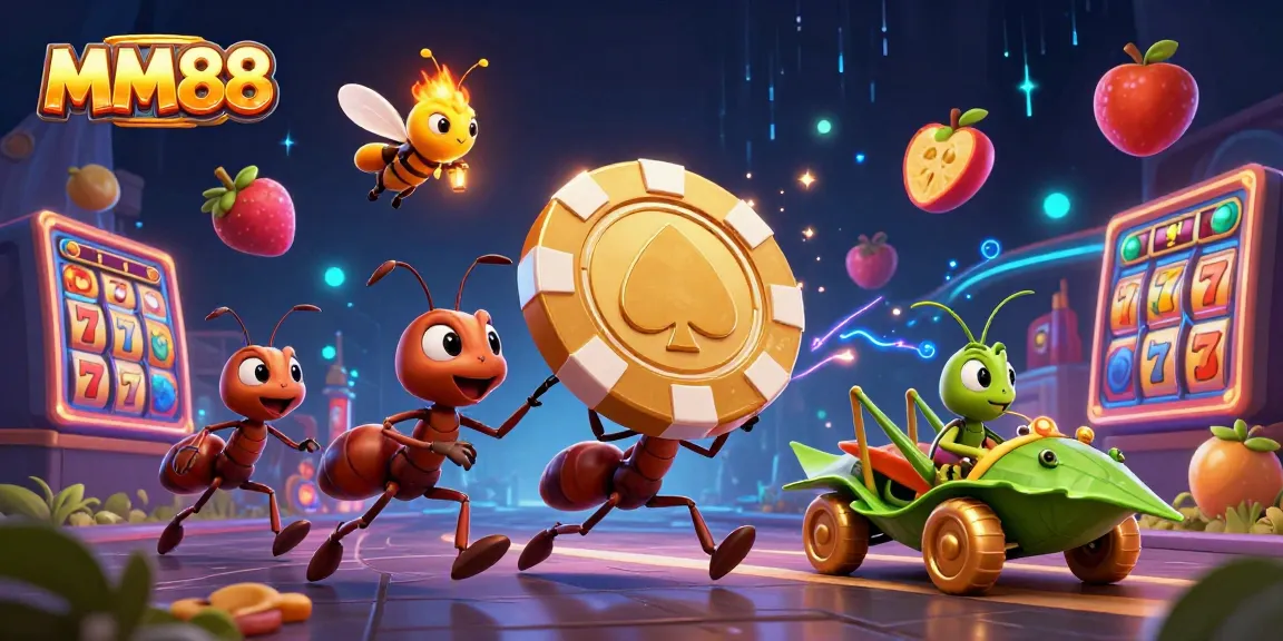 MM88 team of ants joyfully heist a golden poker chip while surrounded by lively slot game elements.