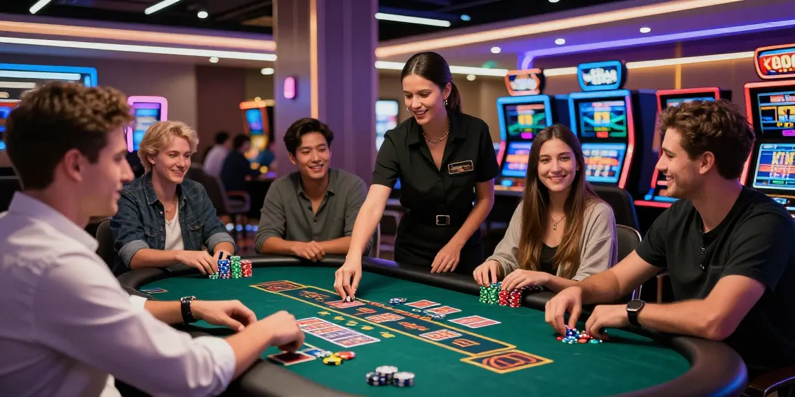 Spieler in einem Casino, die Non Gamstop Casinos genießen, mit bunten Chips und Karten auf dem Tisch.