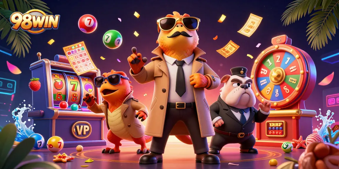 Experience exciting gaming at 98WIN through three cartoon raptors attempting a VIP casino entry amid vibrant jackpot elements.
