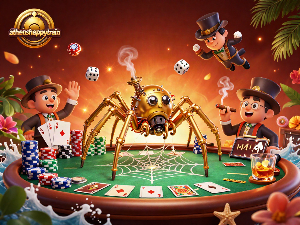 Experience the thrill of athenshappytrain with steampunk characters and poker elements in vibrant 3D art.