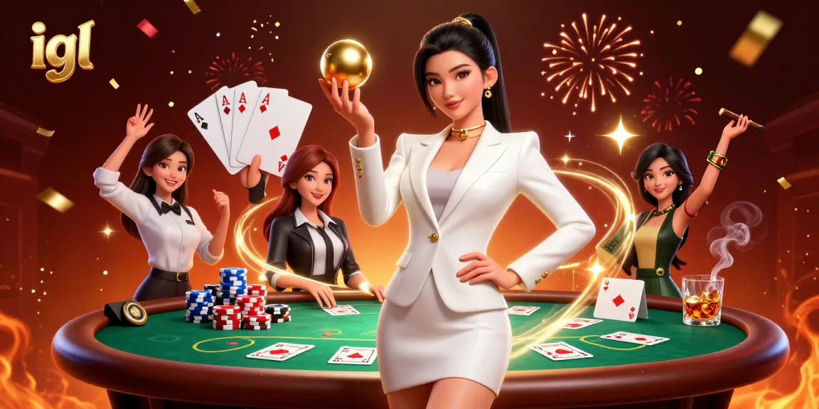 Engage in thrilling casino action at igl, where a stunning woman showcases luxury gaming elements with poker chips and cards.