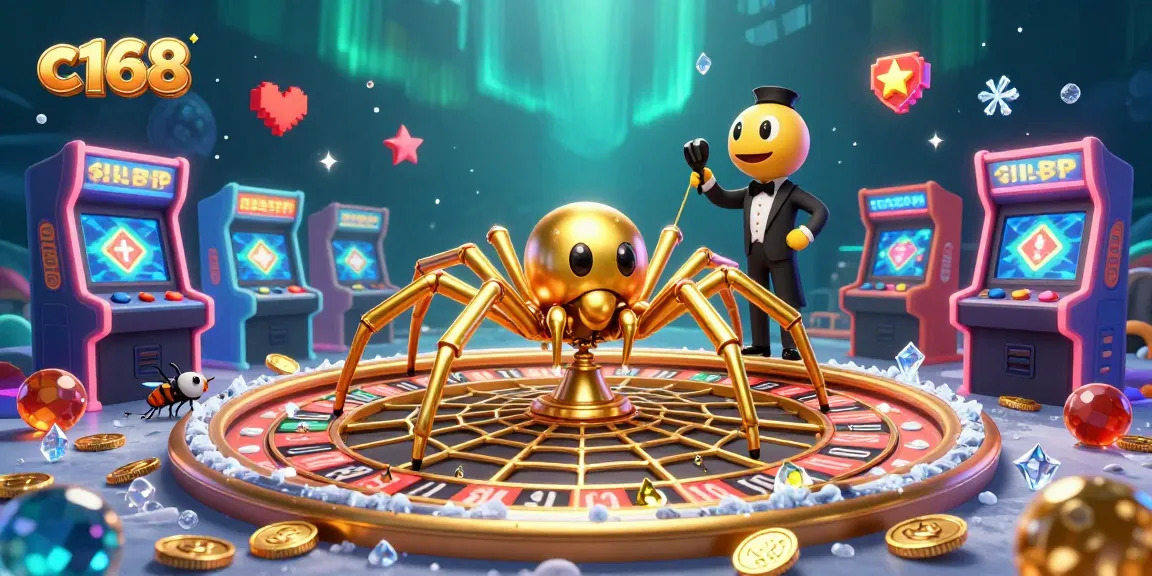 Experience thrilling bets at c168’s roulette web with a golden spider, centipede croupier, and vibrant game elements.