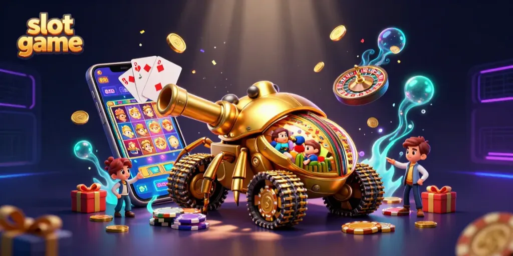 Engage in fun slot game with a colorful casino scene featuring a beetle tank and slot machine!