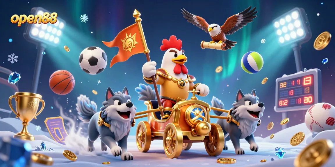 Join the open88 adventure with a rooster warlord in a gold chariot, surrounded by dynamic sports balls.