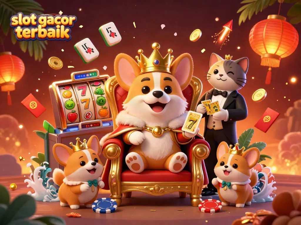 Menampilkan slot gacor terbaik dengan simbol rol slot yang berkilauan dan karakter lucu pada gambar 3D penuh warna.