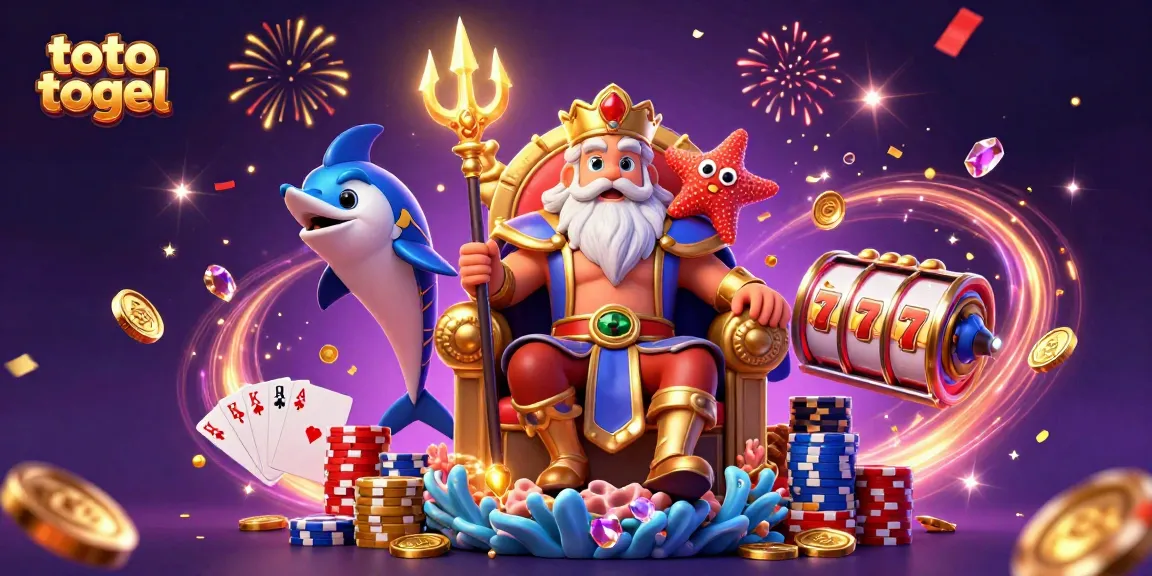 Experience vibrant toto togel gaming action with Neptune and a starfish in a dynamic 3D casino scene.