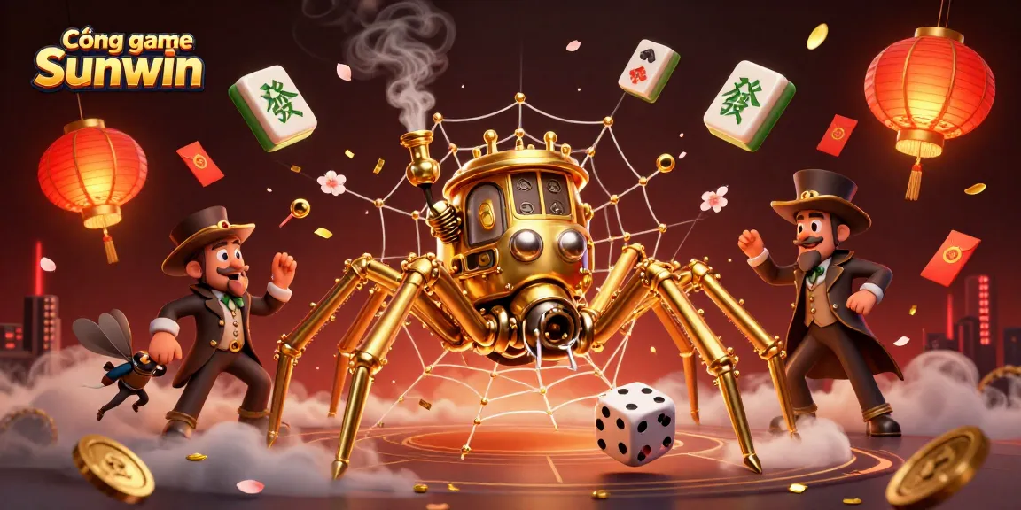 Cổng game Sunwin features an intricate web of luck with golden elements and dynamic game symbols.