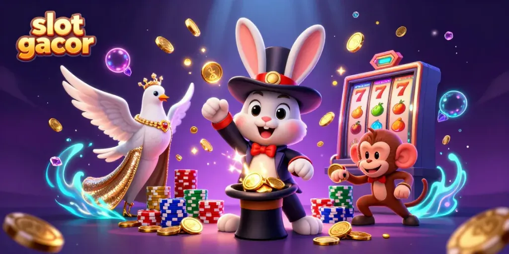 Ilustrasi slot gacor yang menampilkan karakter si kelinci penyihir, merpati glamor, dan monyet nakal di dunia judi yang cerah.
