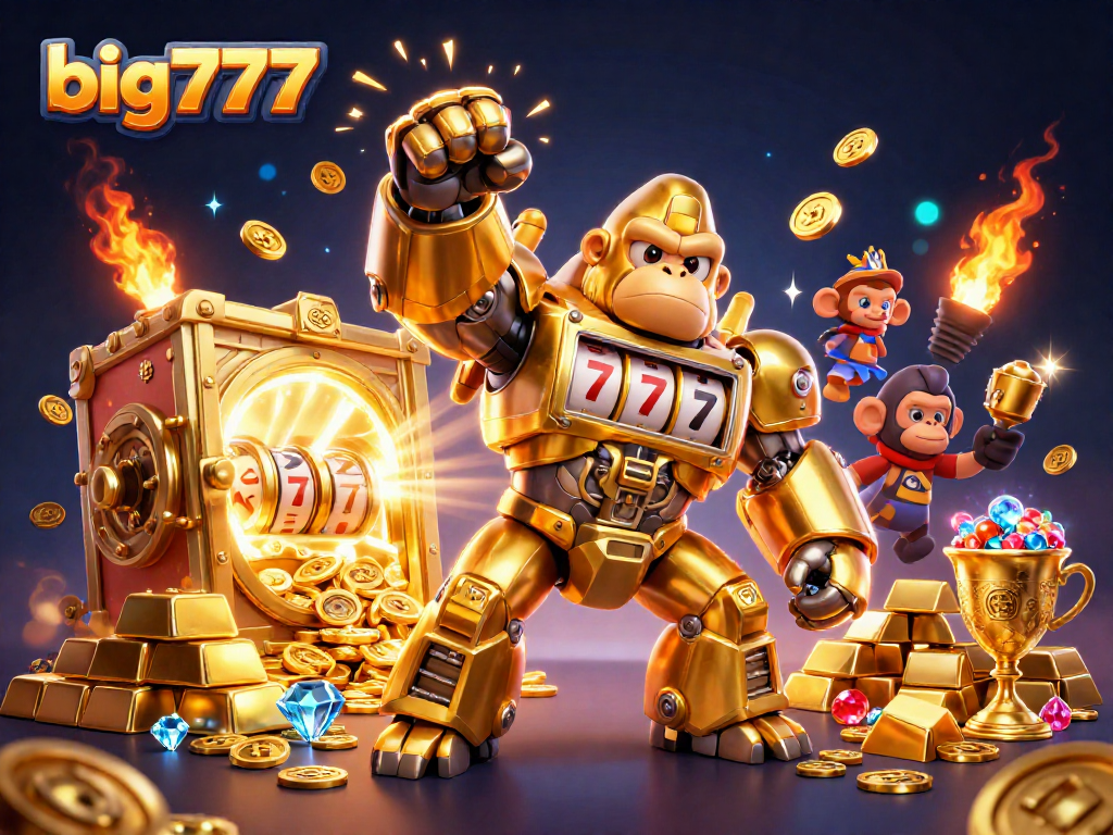 big777 features a dynamic 3D gorilla mech with slot machine parts surrounded by gold treasures