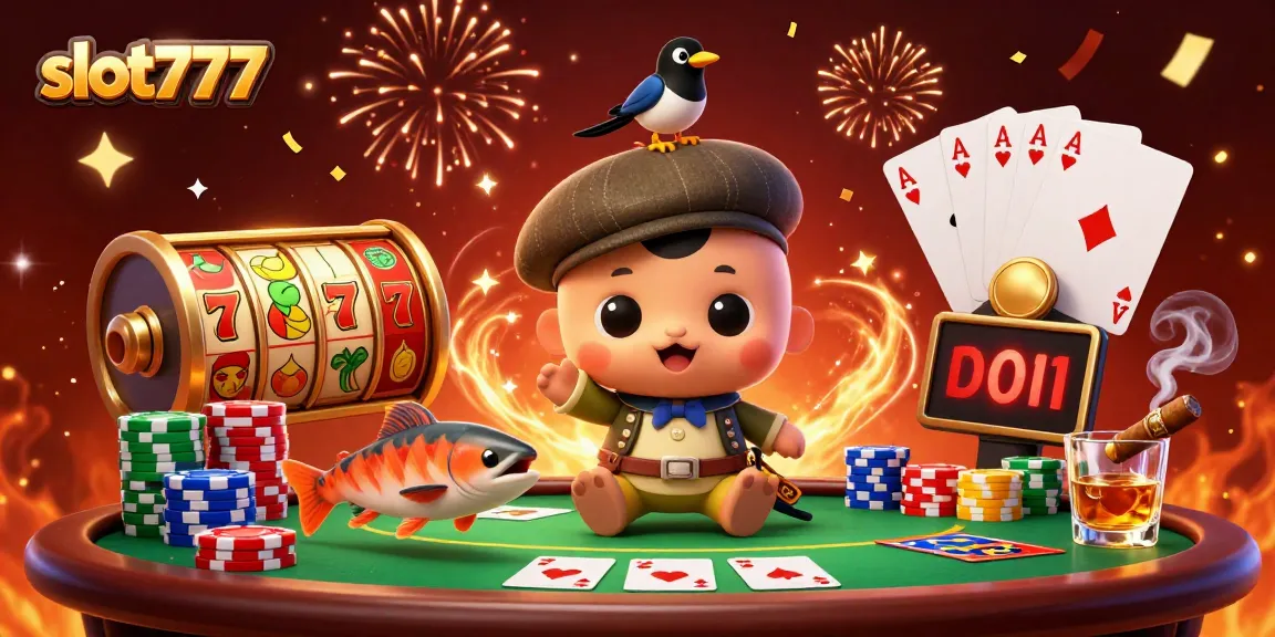 Slot777 menampilkan putaran game slot dalam ilustrasi menarik bersama karakter 3D yang ceria.