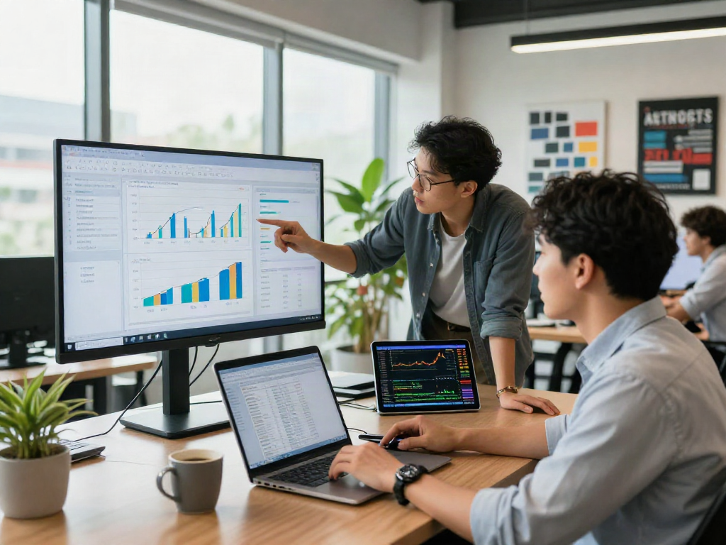 Finance professional analyzing depo 10k metrics on large display in a bright office setting.