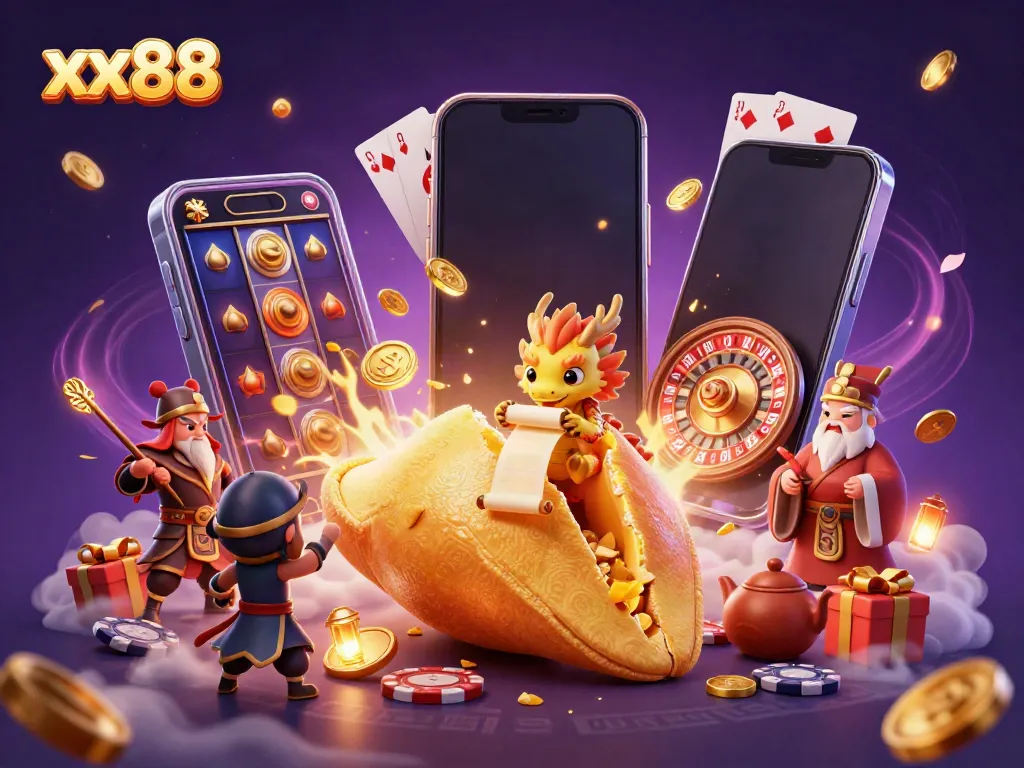 Experience the vibrant world of xx88, featuring a fortune cookie guarded by dragon warriors amid casino games.