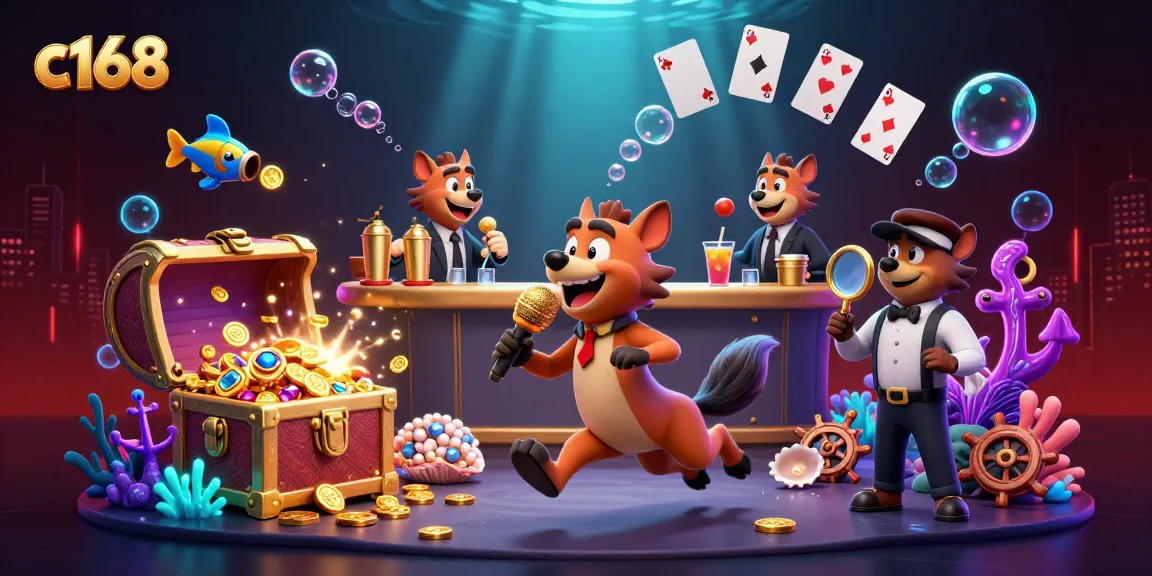 Experience the thrilling vibe of c168 in a vibrant casino scene filled with hyenas, gold coins, and lively games.