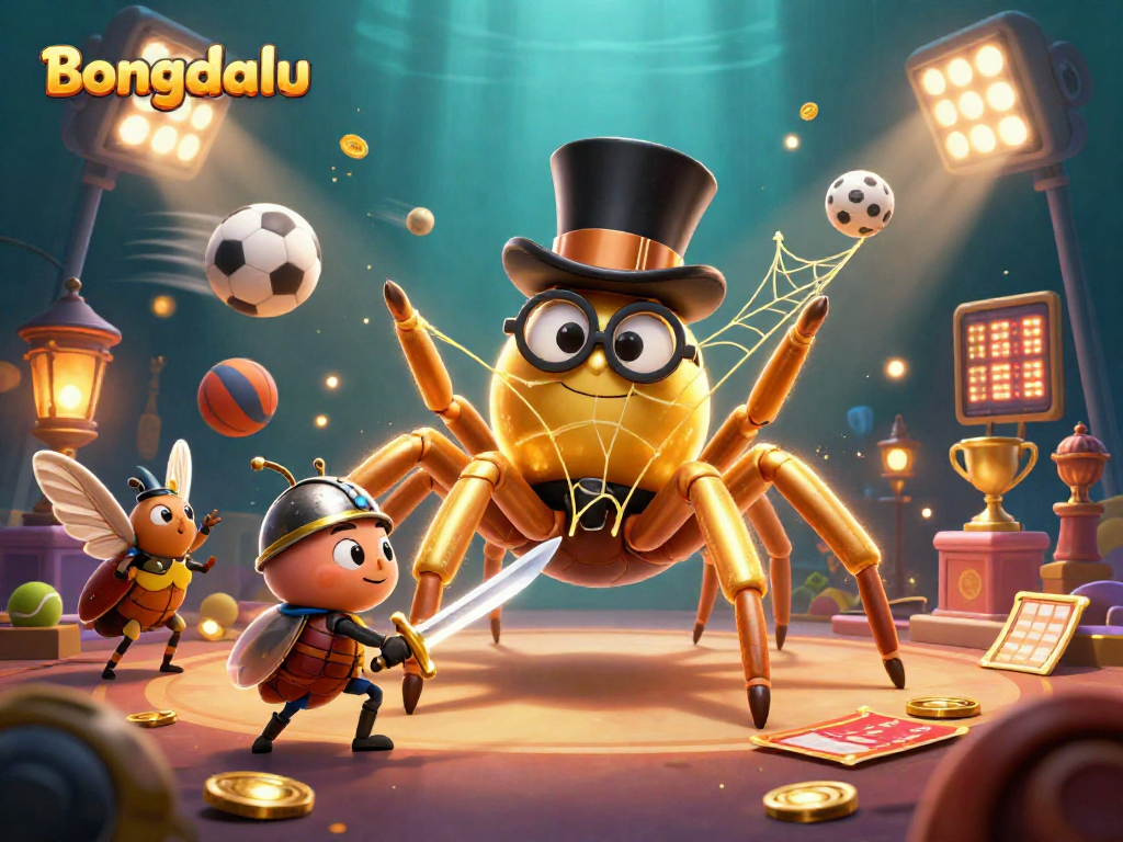 Bongdalu engages players with a vibrant tarantula weaving gold threads amid dynamic sports elements.