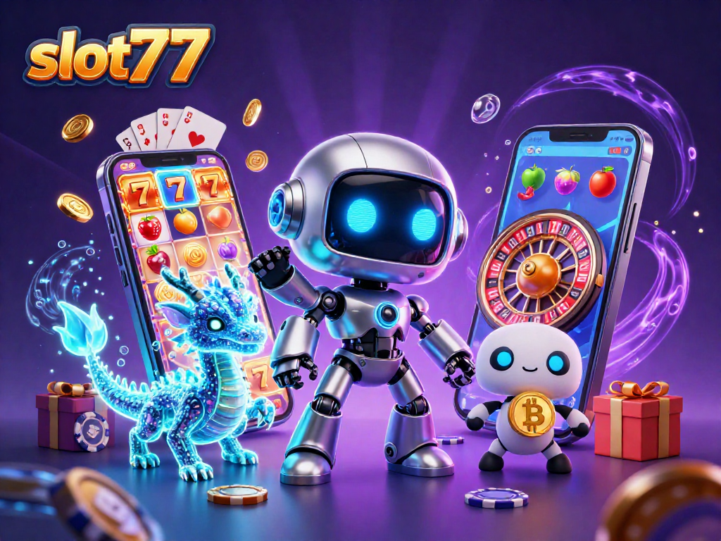 Permainan slot777 dengan robot canggih dan naga holografik di dunia kasino futuristik.
