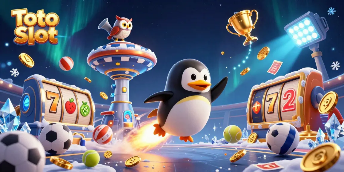 Toto Slot showcases a thrilling 3D scene featuring a golden penguin blasting through space towards a whimsical casino, surrounded by dynamic gaming elements.
