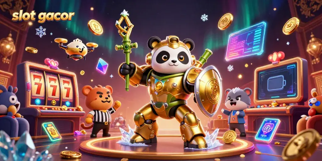 Experience slot gacor action in a vibrant casino scene with dynamic characters and game elements.
