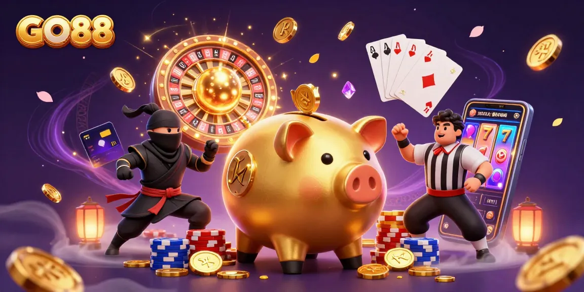 Engage with GO88's thrilling gaming experience featuring vibrant characters, cascading coins, and dynamic casino elements.