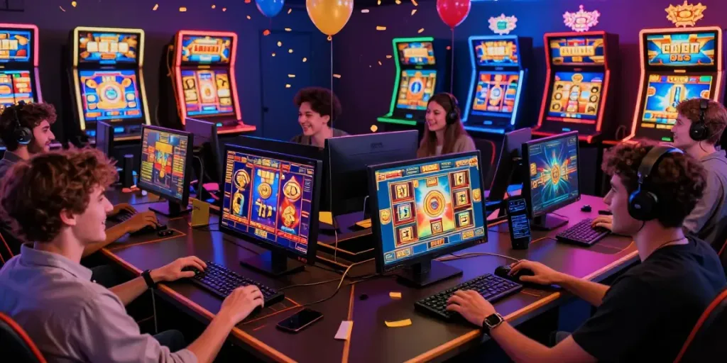 Players engaging with slot games online, capturing the vibrant atmosphere of a gaming celebration.