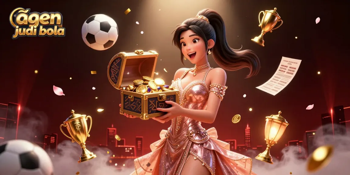 Bet on agen judi bola with a joyful Asian woman and a treasure chest overflowing with riches in a dynamic sports scene.