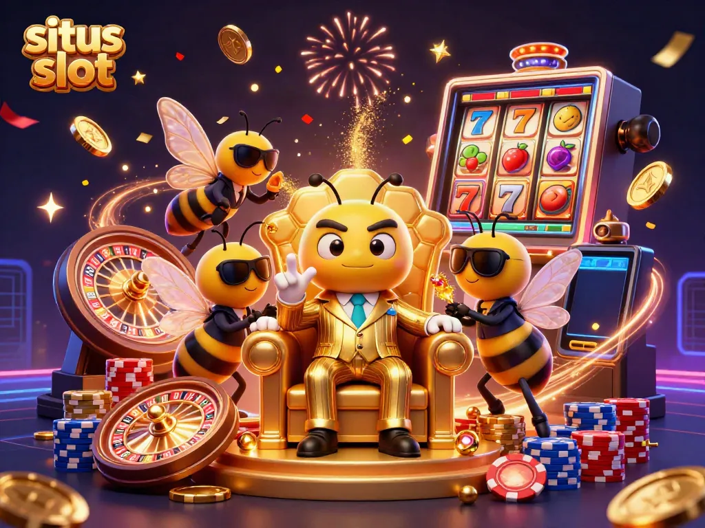 Gambarkan keseruan situs slot dengan karakter lebah mob boss dan elemen kasino yang memikat.