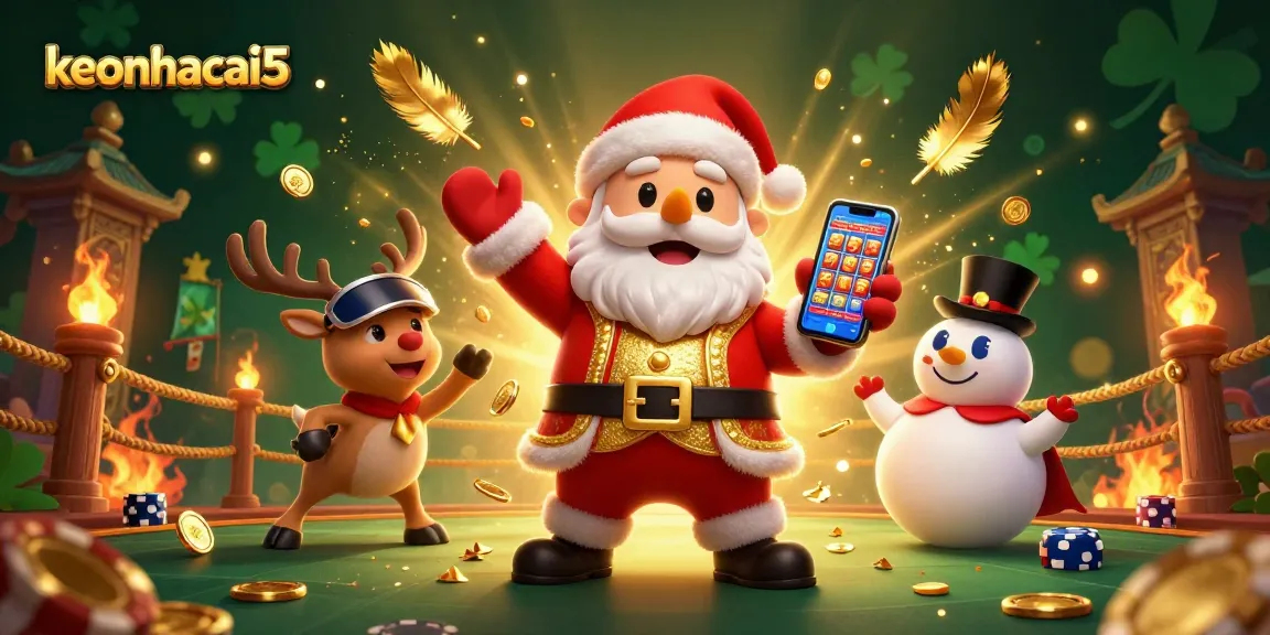 Experience the thrill of keonhacai5 with Santa, reindeer, and snowman in a vibrant casino illustration.