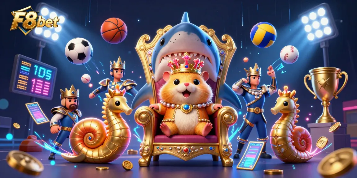Experience F8bet's premium online casino action with vibrant gaming elements and royal characters.
