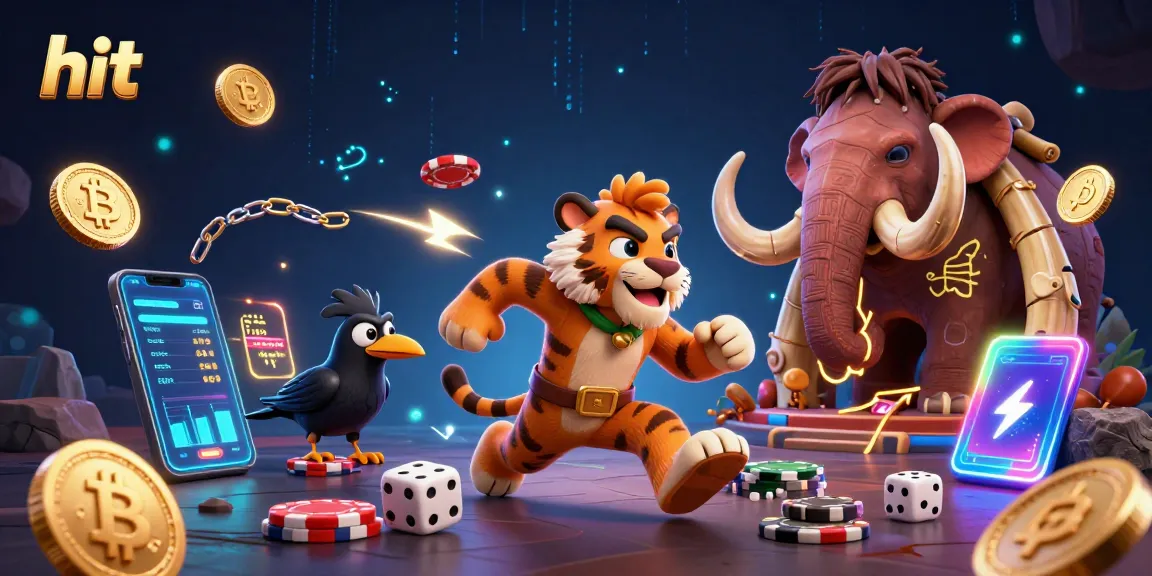 Hit big at a vibrant prehistoric casino with Bitcoin and Ethereum coins amidst fun game elements.