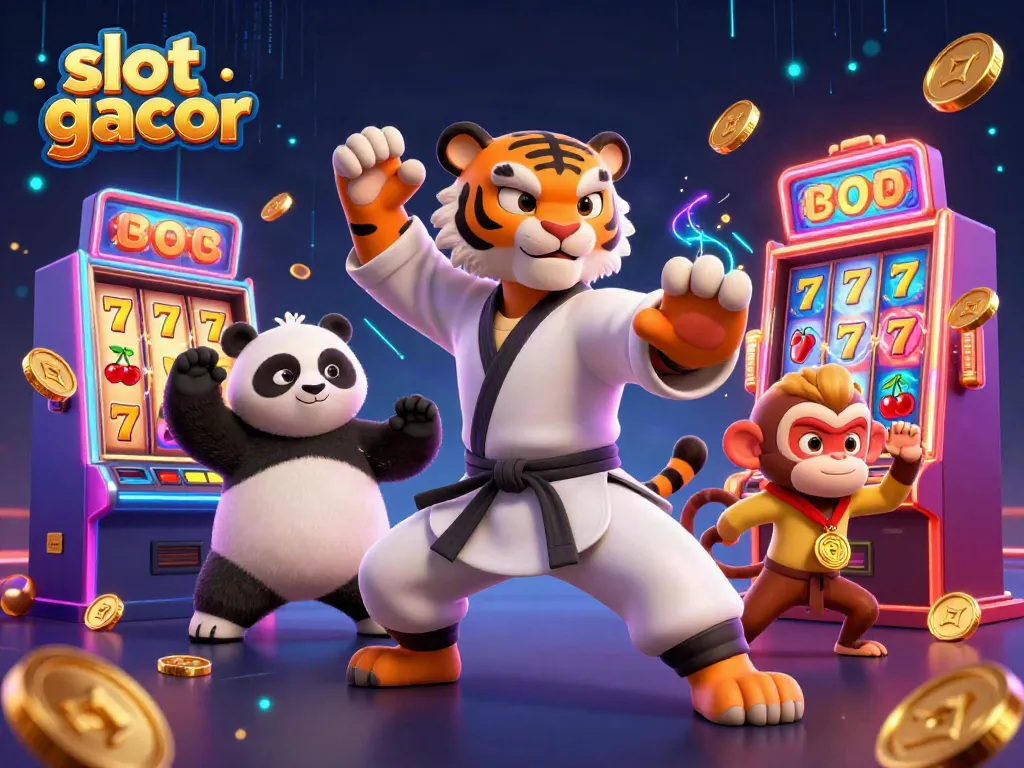Slot gacor terlihat aktif saat karakter kartun kung fu beraksi di kasino modern.