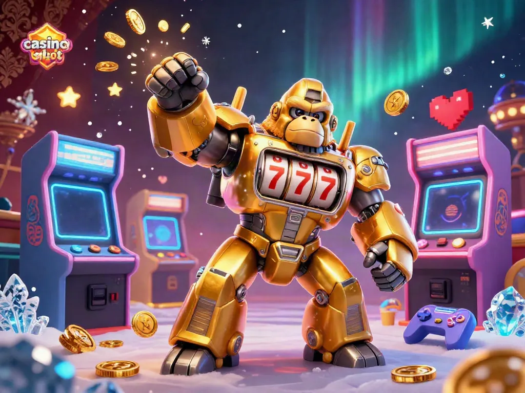 Experience thrilling gameplay with the vibrant 3D casino slot mech and arcade elements, capturing the excitement of online gaming.