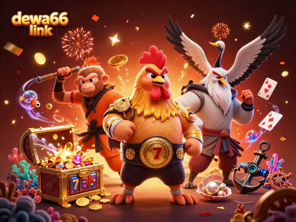 Experience action with the dewa66 link in a vibrant 3D casino-themed illustration.