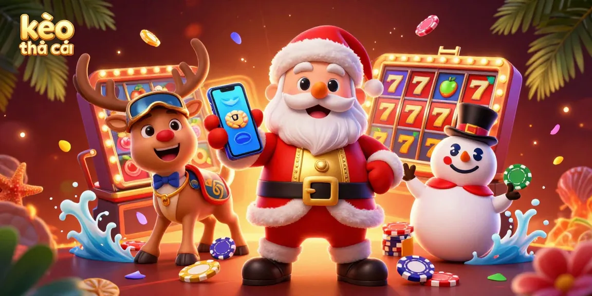Engage with kèo nhà cái through a festive casino scene featuring animated characters and dynamic gaming elements.
