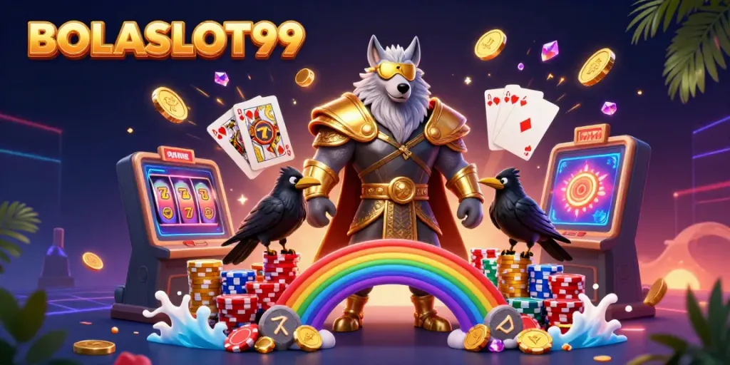 BOLASLOT99 showcasing a vibrant Norse mythology scene with Odin and ravens amid cascading casino elements.