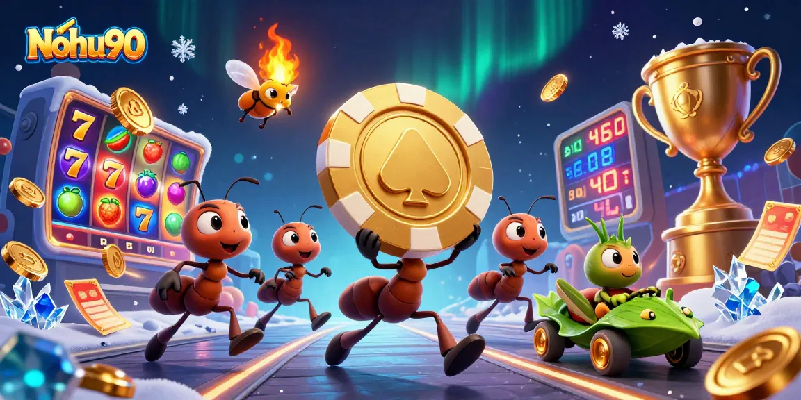 Nohu90 showcases a thrilling scene with ants on a heist and vibrant casino elements.