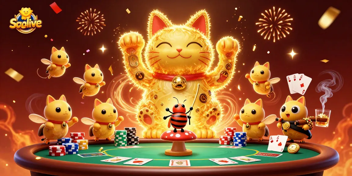 Socolive features a dynamic illustration of golden fireflies as a lucky cat in a vibrant casino scene.