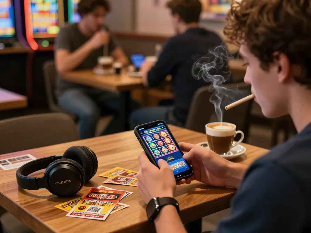 Luxury12 player enjoying an exciting slot game in a café.