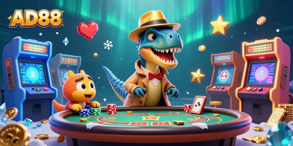 Experience thrilling encounters at AD88's dynamic casino scene with cartoon dinosaurs and dazzling game elements.