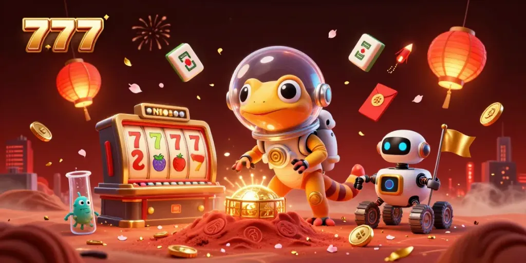 Mengelola keberuntungan di kasino dengan jackpot 777 yang bersinar di Mars.