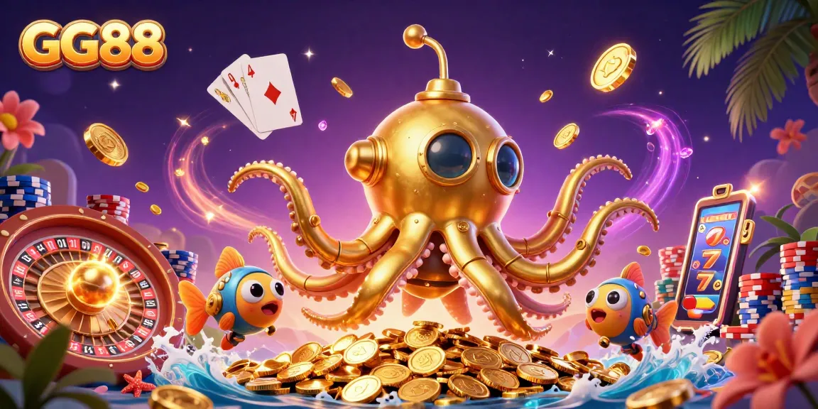 Experience thrilling gameplay at GG88 with a vibrant 3D illustration showcasing a golden kraken submarine amidst dynamic game elements.