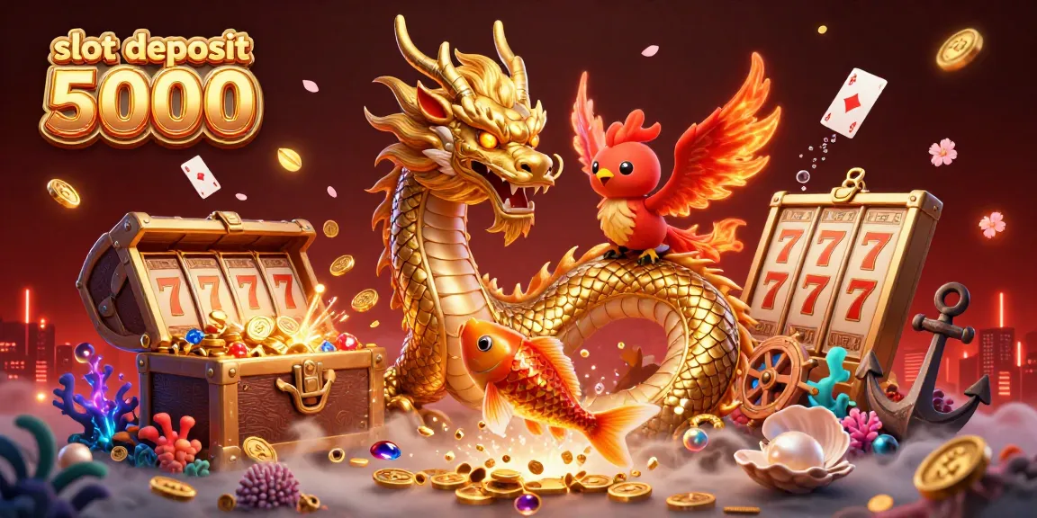 Experience thrilling wins with slot deposit 5000 in this vibrant 3D illustration featuring a dragon and phoenix.