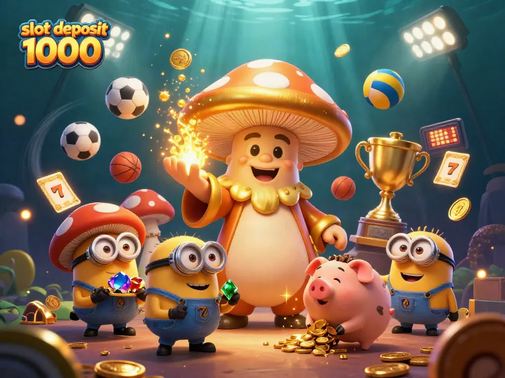 Engaging scene showcasing slot deposit 1000 magic with a golden wizard and treasure elements in a vibrant casino setting.