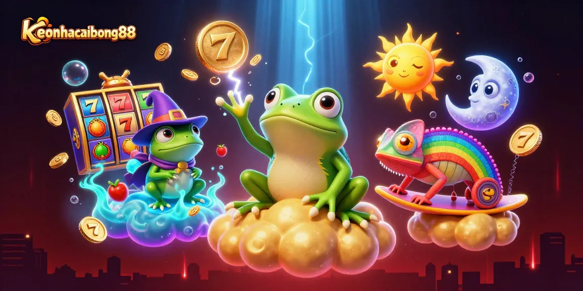 Engage in keonhacaibong88 with a dynamic 3D illustration of a wizard frog and chameleon amid a golden casino scene.