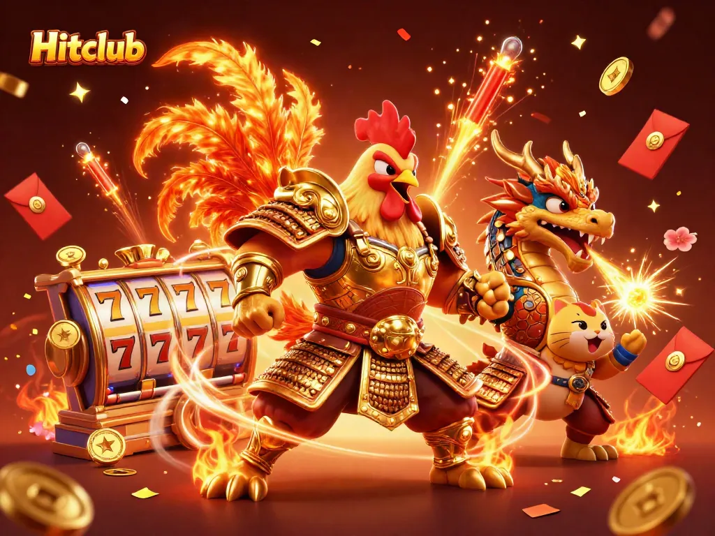 Experience the thrill of Hitclub with a vibrant 3D illustration of a warrior rooster, dragon, and lucky cat celebrating jackpots.
