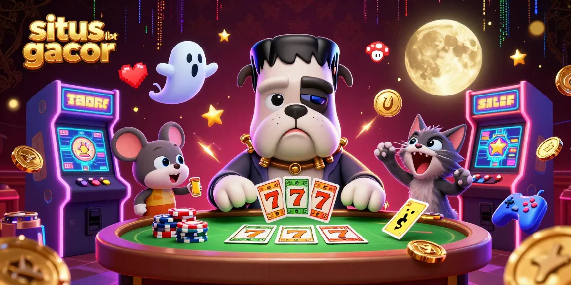 Engage with situs slot gacor in this vibrant casino scene featuring a Frankenstein bulldog dealer and animated elements.
