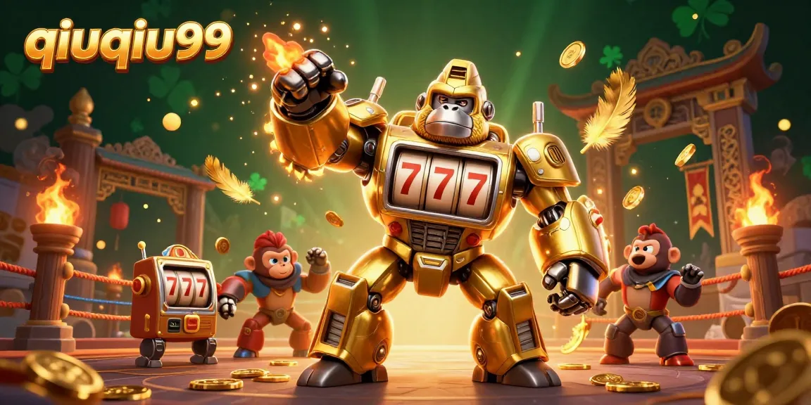Experience excitement with qiuqiu99 as a golden gorilla mech celebrates casino wins in a vibrant 3D illustration.