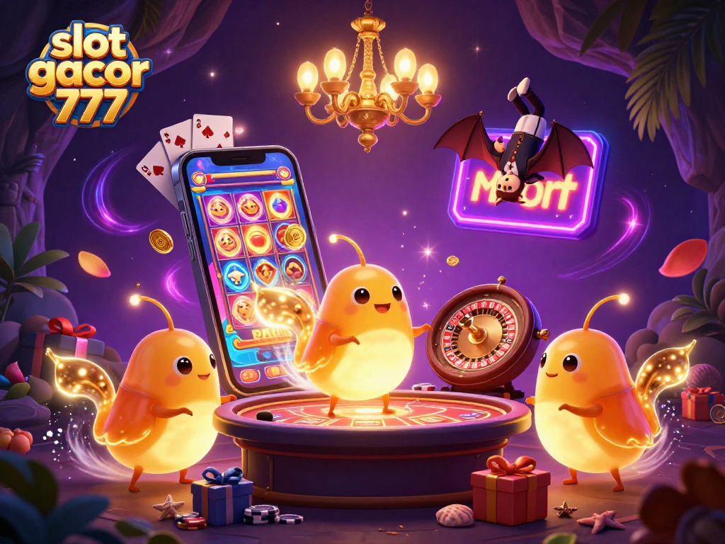 Engage in the vivid world of slot gacor 777 with a vibrant casino scene featuring glowworms and games.